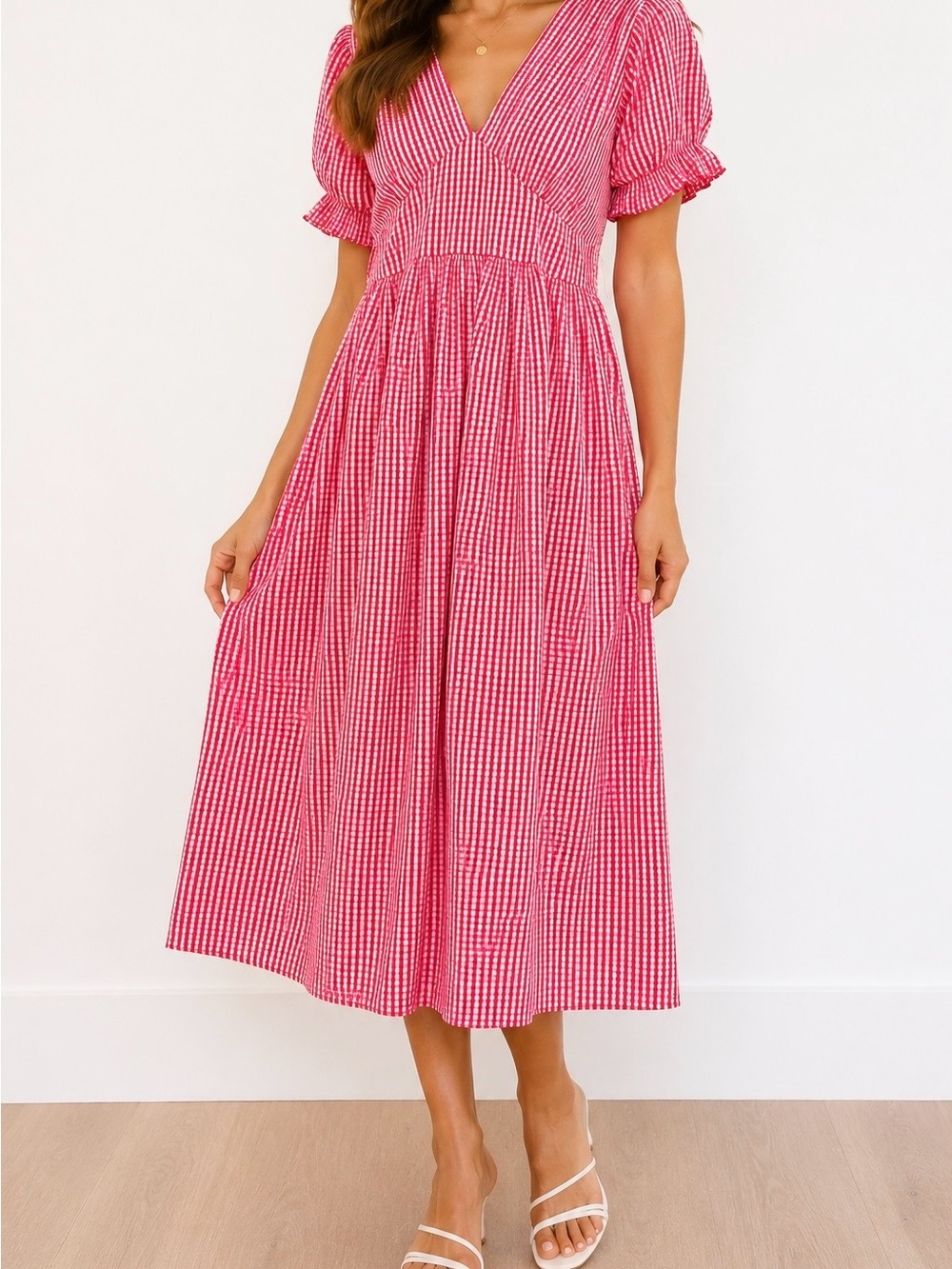 Red white Gingham V-Neck Midi Dress with Puff Sleeves